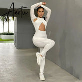 Aiertu Solid Hollow Out Revealing Long Sleeves Slim Bodycon Jumpsuit Summer Women Fashion Sexy Sport Party Club Robe Y2K Aiertu
