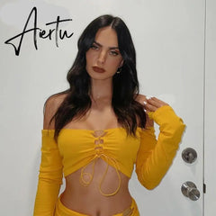Aiertu Solid Long Sleeve Drawstring Ruched Crop Top Sexy Mini Dress 2 Piece Set Fall Fashion Bodycon Elegant Clothing Y2K Aiertu