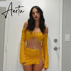 Aiertu Solid Long Sleeve Drawstring Ruched Crop Top Sexy Mini Dress 2 Piece Set Fall Fashion Bodycon Elegant Clothing Y2K Aiertu