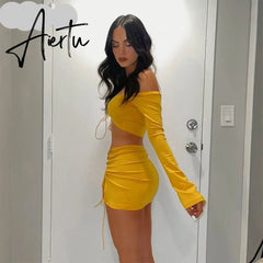 Aiertu Solid Long Sleeve Drawstring Ruched Crop Top Sexy Mini Dress 2 Piece Set Fall Fashion Bodycon Elegant Clothing Y2K Aiertu