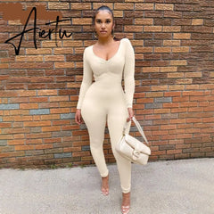 Aiertu Solid Long Sleeve V Neck Bodycon Draped Sexy Jumpsuit Summer Autumn Women Fashion Streetwear Party Club Outfits Aiertu