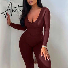 Aiertu Solid Long Sleeve V Neck Bodycon Draped Sexy Jumpsuit Summer Autumn Women Fashion Streetwear Party Club Outfits Aiertu