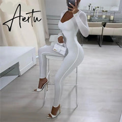 Aiertu Solid Long Sleeve V Neck Bodycon Draped Sexy Jumpsuit Summer Autumn Women Fashion Streetwear Party Club Outfits Aiertu