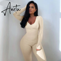 Aiertu Solid Long Sleeve V Neck Bodycon Draped Sexy Jumpsuit Summer Autumn Women Fashion Streetwear Party Club Outfits Aiertu