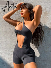 Aiertu Solid Ribbed Women 2 Pieces Sleeveless One Shoulder Hollow Out Bodysuit Biker Shorts Set Skinny Tracksuit Summer Aiertu