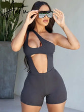 Aiertu Solid Ribbed Women 2 Pieces Sleeveless One Shoulder Hollow Out Bodysuit Biker Shorts Set Skinny Tracksuit Summer Aiertu