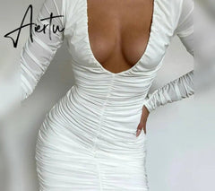Aiertu Solid Ruched Long Sleeve Deep V Neck Pleated Mini Sexy Dress Summer Autumn Women Fashion Outfits Party Club Y2K Aiertu