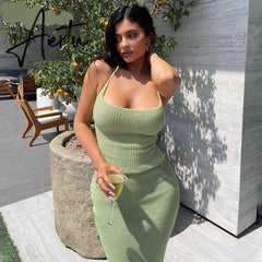 Aiertu Solid Sleeveless Backless Top Maxi Dress 2 Pieces Set Fall Winter Women Fashion Streetwear Outfits Y2K Sexy Aiertu