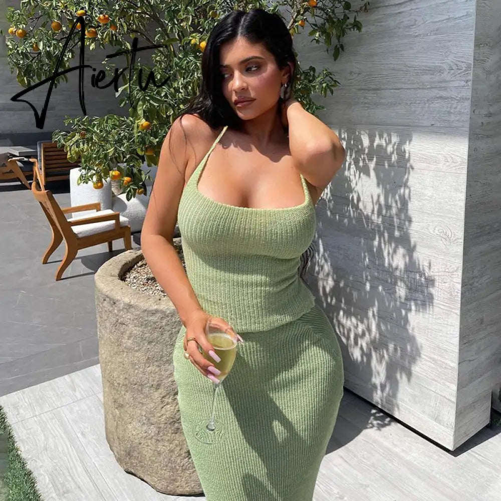 Aiertu Solid Sleeveless Backless Top Maxi Dress 2 Pieces Set Fall Winter Women Fashion Streetwear Outfits Y2K Sexy Aiertu