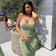 Aiertu Solid Sleeveless Backless Top Maxi Dress 2 Pieces Set Fall Winter Women Fashion Streetwear Outfits Y2K Sexy Aiertu