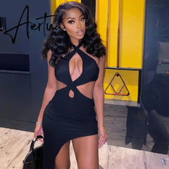 Aiertu Solid Sleeveless Hollow Out Halter Ruched Sexy Asymmetrical Mini Dress Summer Autumn Women Fashion Streetwear Aiertu
