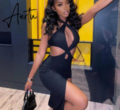 Aiertu Solid Sleeveless Hollow Out Halter Ruched Sexy Asymmetrical Mini Dress Summer Autumn Women Fashion Streetwear Aiertu