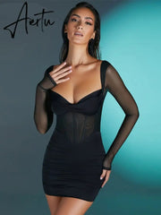Aiertu Solid With Integrated Corset Long See Through Sleeves Sexy Mini Dress Fall Party Club Elegant Streetwear Outfit Aiertu