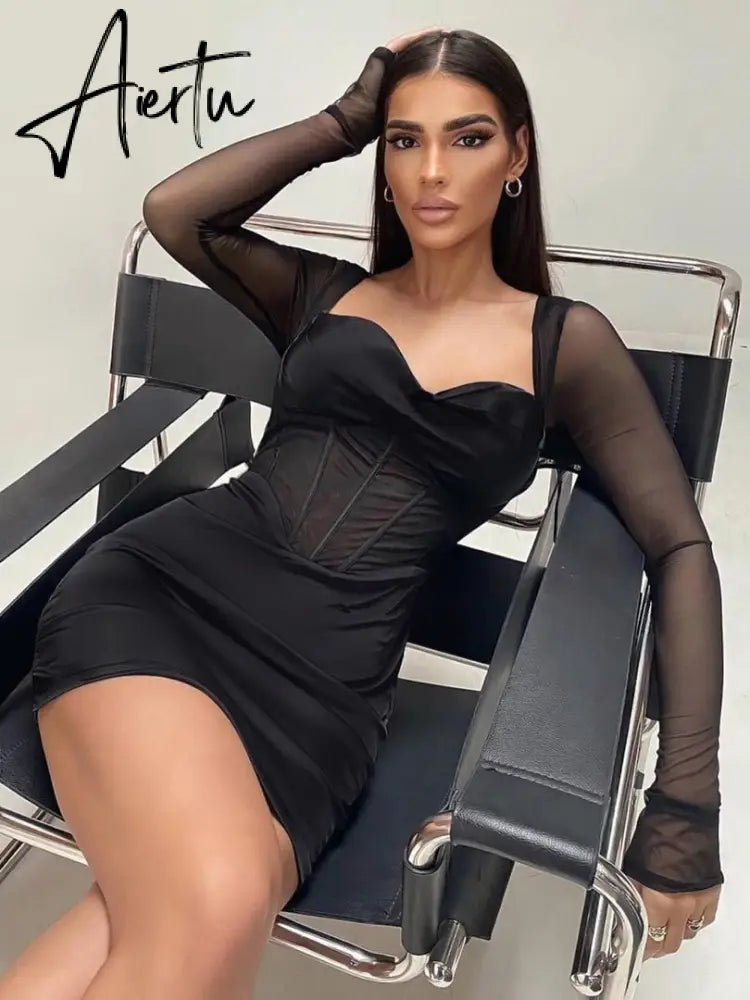 Aiertu Solid With Integrated Corset Long See Through Sleeves Sexy Mini Dress Fall Party Club Elegant Streetwear Outfit Aiertu