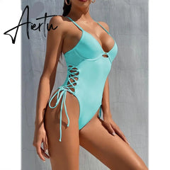 Aiertu Solid Women Push Up Swimwear One Piece Swimsuit Female Sexy Bandage Onesie Beachwear American Style Lace-up Bathing Suits Aiertu