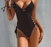 Aiertu Solid Women Push Up Swimwear One Piece Swimsuit Female Sexy Bandage Onesie Beachwear American Style Lace-up Bathing Suits Aiertu