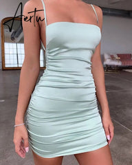 Aiertu Spaghetti Strap Mini Satin Dress Women Sexy Backless Cross Bandage Bodycon Party Dress Pleated Stretch Short Club Dress Aiertu