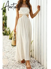 Aiertu Spaghetti Strap Waist Hollow Out Beige Summer Maxi Long Dress Solid Elegant Backless Sundress Casual Women Dress Aiertu
