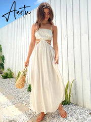 Aiertu Spaghetti Strap Waist Hollow Out Beige Summer Maxi Long Dress Solid Elegant Backless Sundress Casual Women Dress Aiertu