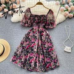 Aiertu Splice Mesh Floral Print Dress Women Summer Slim Elastic Waist Square Neck Gentle Ladies A Line Sweet Dresses Aiertu