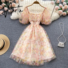Aiertu Splice Mesh Floral Print Dress Women Summer Slim Elastic Waist Square Neck Gentle Ladies A Line Sweet Dresses Aiertu