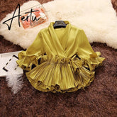 Aiertu Spring and Summer New Female Deep V-neck Ruffles Lace Up Stain Shirt Women's Three Quarter Sleeve Shirts Women Blouses Aiertu