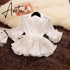 Aiertu Spring and Summer New Female Deep V-neck Ruffles Lace Up Stain Shirt Women's Three Quarter Sleeve Shirts Women Blouses Aiertu
