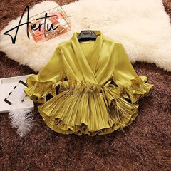 Aiertu Spring and Summer New Female Deep V-neck Ruffles Lace Up Stain Shirt Women's Three Quarter Sleeve Shirts Women Blouses Aiertu