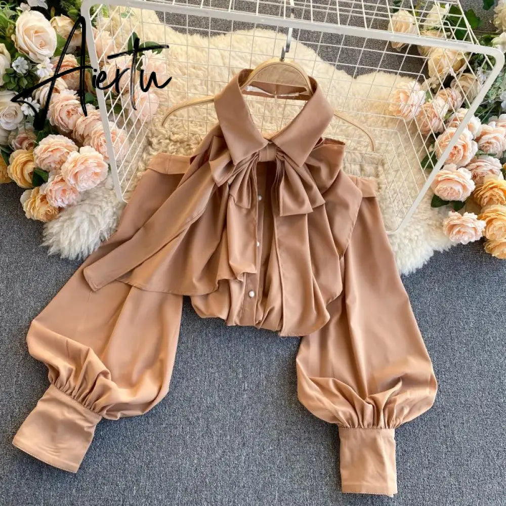 Aiertu Spring Autumn New Blouse Women Halter Scheming Halter Shirt Bowknot Lapel Puff Sleeve Female Top Aiertu