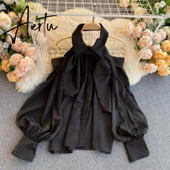 Aiertu Spring Autumn New Blouse Women Halter Scheming Halter Shirt Bowknot Lapel Puff Sleeve Female Top Aiertu