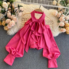 Aiertu Spring Autumn New Blouse Women Halter Scheming Halter Shirt Bowknot Lapel Puff Sleeve Female Top Aiertu
