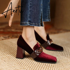 Aiertu Spring Autumn New Retro Suede High Heels Shoes for Women Square Toe Square Heel Shoes for Women 7cm High Heels Womens Shoes Aiertu