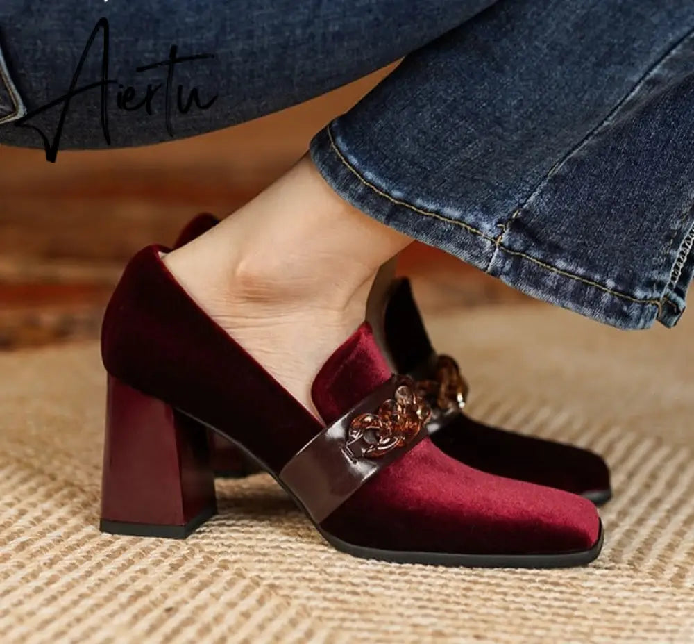Aiertu Spring Autumn New Retro Suede High Heels Shoes for Women Square Toe Square Heel Shoes for Women 7cm High Heels Womens Shoes Aiertu