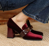 Aiertu Spring Autumn New Retro Suede High Heels Shoes for Women Square Toe Square Heel Shoes for Women 7cm High Heels Womens Shoes Aiertu