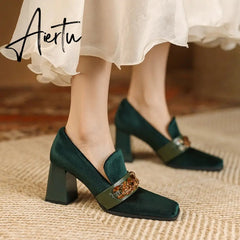 Aiertu Spring Autumn New Retro Suede High Heels Shoes for Women Square Toe Square Heel Shoes for Women 7cm High Heels Womens Shoes Aiertu