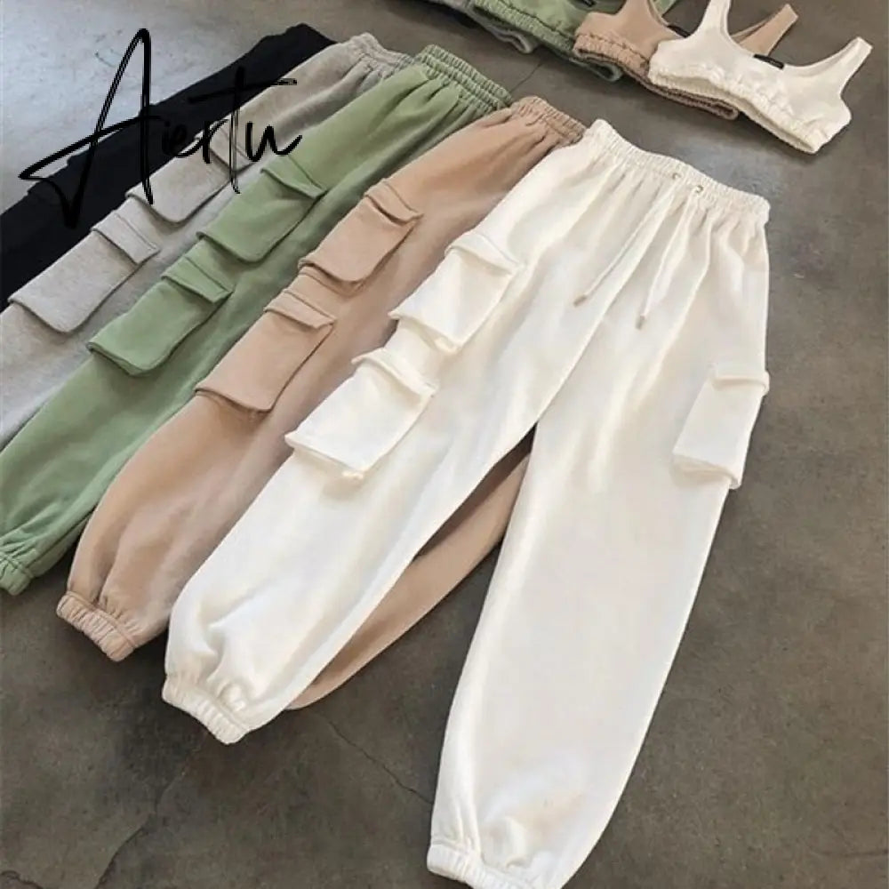 Aiertu Spring Autumn Vintage Patchwork Joggers Sweatpants Harajuku Woman Trousers Elastics High Waist Solid Pants 5 Colors Aiertu