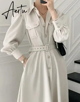 Aiertu Spring Autumn Women Dress Fashion Female Puff Sleeve Vintage Solid Midi Shirt Dress Casual Single Breasted Waistband Chic Dress Aiertu