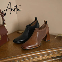 Aiertu Spring/Autumn Women Party Prom Chunky Heel Pumps Genuine Leather Pumps Square Toe Loafers Woman High Heels Shoes for Women Aiertu