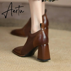 Aiertu Spring/Autumn Women Party Prom Chunky Heel Pumps Genuine Leather Pumps Square Toe Loafers Woman High Heels Shoes for Women Aiertu