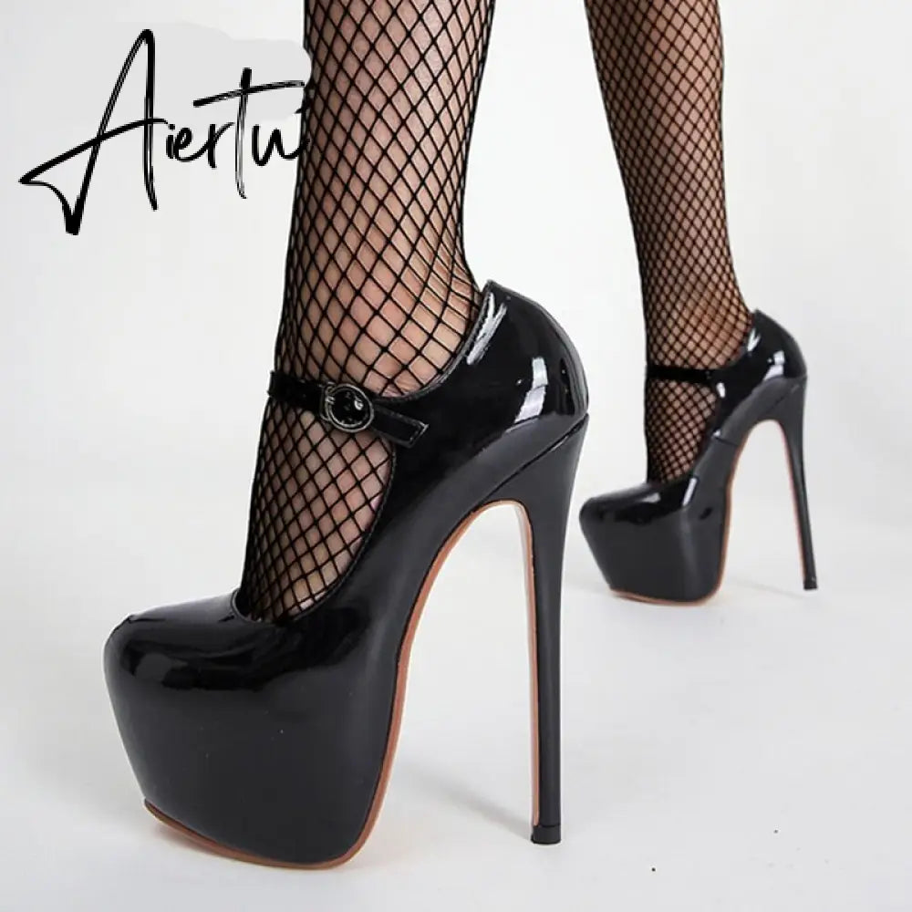 Aiertu Spring Autumn Women Platform Pumps Black Round Toe Buckle Strap 17CM Super High Heels Pole Dance Shoes Stiletto Mujer Aiertu