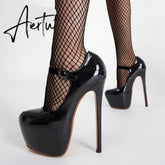 Aiertu Spring Autumn Women Platform Pumps Black Round Toe Buckle Strap 17CM Super High Heels Pole Dance Shoes Stiletto Mujer Aiertu
