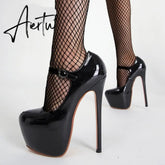 Aiertu Spring Autumn Women Platform Pumps Black Round Toe Buckle Strap 17CM Super High Heels Pole Dance Shoes Stiletto Mujer Aiertu