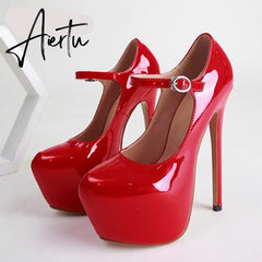 Aiertu Spring Autumn Women Platform Pumps Black Round Toe Buckle Strap 17CM Super High Heels Pole Dance Shoes Stiletto Mujer Aiertu