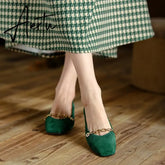 Aiertu Spring/Autumn Women Pumps Sheep Suede Leather Shoes for Women Square Toe Chunky Heel Women Shoes Chain Office Ladies High Heels Aiertu
