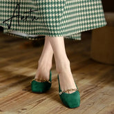 Aiertu Spring/Autumn Women Pumps Sheep Suede Leather Shoes for Women Square Toe Chunky Heel Women Shoes Chain Office Ladies High Heels Aiertu