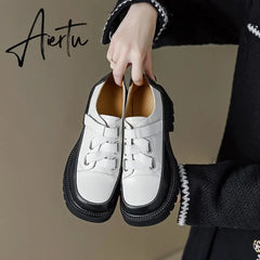 Aiertu Spring/Autumn Women Shoes Split Leather Shoes Round Toe Lace Up Platform Shoes Color Mixed Thick Heel Loafers for Women Sneakers Aiertu