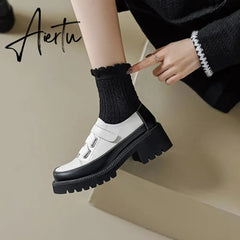 Aiertu Spring/Autumn Women Shoes Split Leather Shoes Round Toe Lace Up Platform Shoes Color Mixed Thick Heel Loafers for Women Sneakers Aiertu