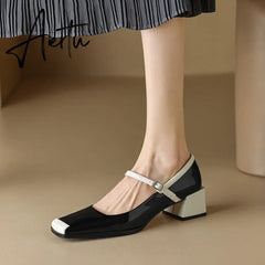 Aiertu Spring/Autumn Women Shoes Square Toe Chunky Heel Mary Janes Mixed Color Women Pumps Patent Leather Shoes Fashion High Heels Aiertu