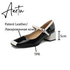 Aiertu Spring/Autumn Women Shoes Square Toe Chunky Heel Mary Janes Mixed Color Women Pumps Patent Leather Shoes Fashion High Heels Aiertu