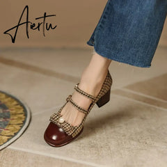 Aiertu Spring/Autumn Women's Shoes Round Toe Chunky Heel Pumps Cotton Fabric Lattice High Heels Genuine Leather Retro Mary Janes Aiertu